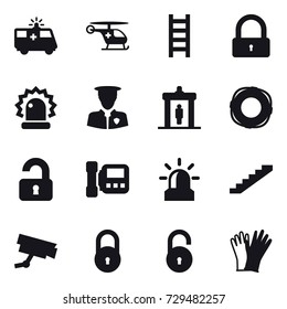 16 vector icon set : stairs, lock, detector, lifebuoy, unlocked, intercome, alarm, gloves