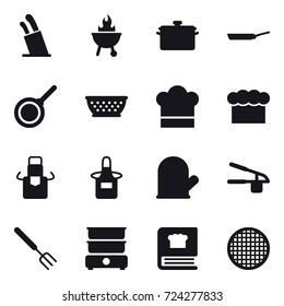 16 vector icon set : stands for knives, bbq, pan, kolander, cook hat, chef  hat, apron, cook glove, garlic clasp, big fork