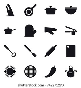 16 vector icon set : stands for knives, pan, cauldron, saute pan, cook glove, garlic clasp, whisk, spatula, rolling pin, cutting board, hot pepper, apron