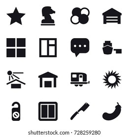 16 vector icon set : star, chess horse, atom core, garage, window, trailer, sun, do not distrub, power switch, chef knife, eggplant