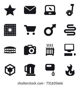 16 vector icon set : star, mail, notebook, segway, cpu, cart, airport building, camera, radiator, kettle