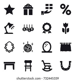 16 vector icon set : star, gift, percent, table lamp, sale, medal, hawaiian wreath, disco ball, mirror, curtain, table, chair, rocking chair, horseshoe