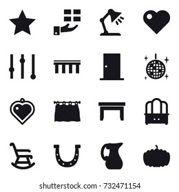 16 vector icon set : star, gift, table lamp, heart, equalizer, bridge, door, disco ball, heart pendant, curtain, table, dresser, rocking chair, horseshoe, jug, pumpkin