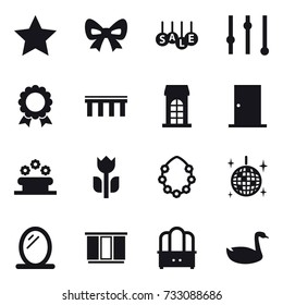 16 vector icon set : star, bow, sale, equalizer, medal, bridge, building, door, flower bed, hawaiian wreath, disco ball, mirror, wardrobe, dresser, goose
