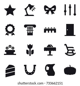 16 vector icon set : star, table lamp, bow, equalizer, medal, column, bridge, door, flower bed, restaurant, rocking chair, horseshoe, jug, pumpkin