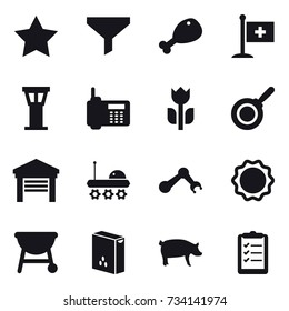 16 vector icon set : star, funnel, chicken leg, airport tower, pan, garage, pig, clipboard list