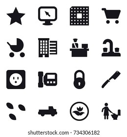 16 vector icon set : star, monitor arrow, cpu, cart, baby stroller, houses, water tap, power socket, intercome, chef knife, seeds, pickup, ecology, toilet cleaning