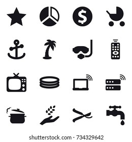 16 vector icon set : star, diagram, dollar coin, baby stroller, palm, diving mask, remote control, tv, inflatable pool, steam pan, harvest, pruner, water tap