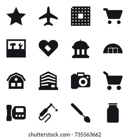 16 vector icon set : star, plane, cpu, cart, tools, goverment house, hangare, house, camera, intercome, big spoon