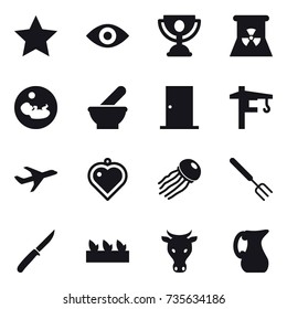 16 vector icon set : star, eye, trophy, nuclear power, door, tower crane, heart pendant, jellyfish, big fork, knife, seedling, cow, jug