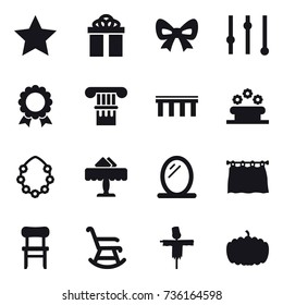16 vector icon set : star, gift, bow, equalizer, medal, column, bridge, flower bed, hawaiian wreath, restaurant, mirror, curtain, chair, rocking chair, scarecrow, pumpkin