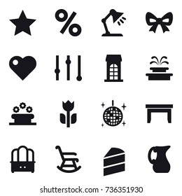 16 vector icon set : star, percent, table lamp, bow, heart, equalizer, building, fountain, flower bed, disco ball, table, dresser, rocking chair, jug