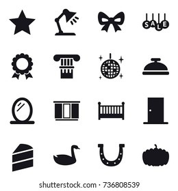 16 vector icon set : star, table lamp, bow, sale, medal, column, disco ball, service bell, mirror, wardrobe, crib, door, goose, horseshoe, pumpkin