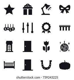 16 vector icon set : star, gift, table lamp, bow, sale, equalizer, medal, bridge, building, door, disco ball, crib, horseshoe, pumpkin