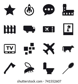 16 vector icon set : star, rocket, ballon, mansion, fence, ticket, photo, tv, cow, axe, wasp, toilet, duster