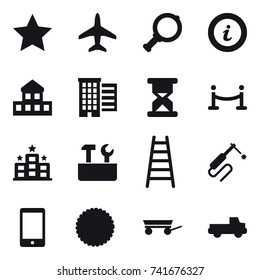 16 vector icon set : star, plane, magnifier, info, cottage, houses, vip fence, hotel, repair tools, stairs, trailer, pickup