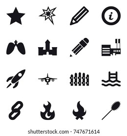16 vector icon set : star, bang, pencil, info, castle, mall, plane, fence, pool, fire, duster