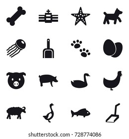 16 vector icon set : starfish, dog, jellyfish, scoop, pets, pig, goose, chicken, sheep, fish