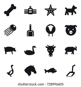 16 vector icon set : starfish, dog, jellyfish, scoop, sheep, pig, goose, cow, horse, fish