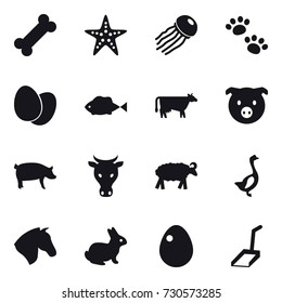 16 vector icon set : starfish, jellyfish, pets, cow, pig, sheep, goose, horse, rabbit, egg, scoop