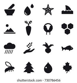 16 vector icon set : starfish, shark flipper, landscape, sheep, honeycombs, rain cloud, harvest, beet, fish, wasp, spruce, drop, maple leaf