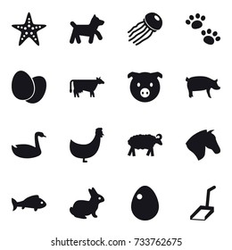 16 vector icon set : starfish, dog, jellyfish, pets, cow, pig, goose, chicken, sheep, horse, fish, rabbit, egg, scoop