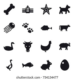 16 vector icon set : starfish, dog, jellyfish, pets, cow, goose, chicken, sheep, fish, rabbit, egg
