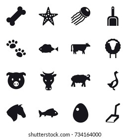 16 vector icon set : starfish, jellyfish, scoop, pets, cow, sheep, pig, goose, horse, fish, egg