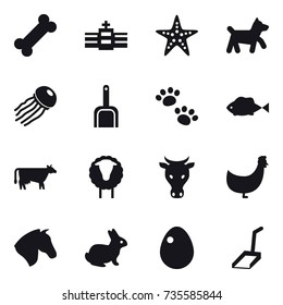 16 vector icon set : starfish, dog, jellyfish, scoop, pets, cow, sheep, chicken, horse, rabbit, egg