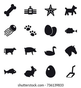 16 vector icon set : starfish, dog, jellyfish, pets, cow, pig, goose, horse, fish, rabbit, egg, scoop