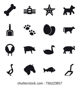 16 vector icon set : starfish, dog, scoop, pets, cow, sheep, pig, goose, horse, fish