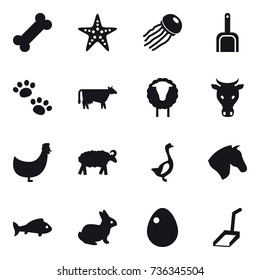 16 vector icon set : starfish, jellyfish, scoop, pets, cow, sheep, chicken, goose, horse, fish, rabbit, egg