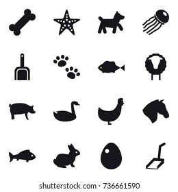 16 vector icon set : starfish, dog, jellyfish, scoop, pets, sheep, pig, goose, chicken, horse, fish, rabbit, egg