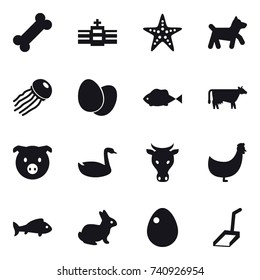 16 vector icon set : starfish, dog, jellyfish, cow, pig, goose, chicken, fish, rabbit, egg, scoop