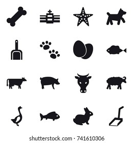 16 vector icon set : starfish, dog, scoop, pets, cow, pig, sheep, goose, fish, rabbit