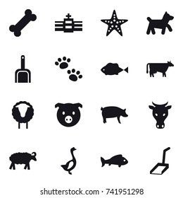 16 vector icon set : starfish, dog, scoop, pets, cow, sheep, pig, goose, fish