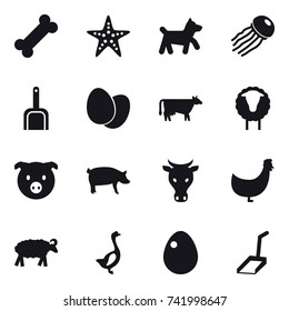 16 vector icon set : starfish, dog, jellyfish, scoop, cow, sheep, pig, chicken, goose, egg
