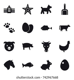 16 vector icon set : starfish, dog, scoop, pets, cow, pig, chicken, horse, fish, rabbit, egg