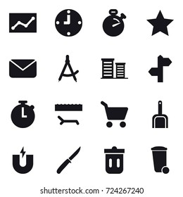 16 vector icon set : statistic, clock, stopwatch, star, mail, draw compass, district, lounger, cart, scoop, knife, trash bin