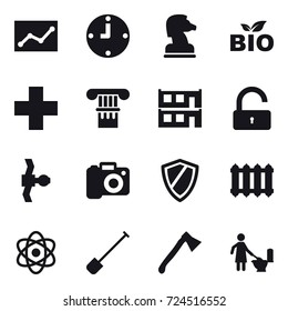 16 vector icon set : statistic, clock, chess horse, bio, column, modular house, unlock, camera, shield, radiator, shovel, axe, toilet cleaning