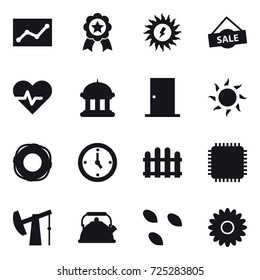 16 vector icon set : statistic, medal, sun power, sale, goverment house, door, sun, lifebuoy, watch, fence, kettle, seeds, flower