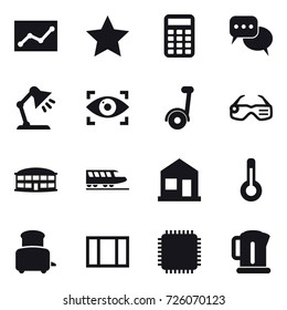 16 vector icon set : statistic, star, calculator, discussion, table lamp, eye identity, segway, smart glasses, airport building, train, home, thermometer, toaster, window, kettle