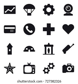 16 vector icon set : statistic, parachute, gear, web cam, credit card, phone, tower, dome house, detector, suitcase, starfish, tv