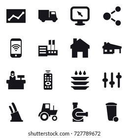 16 vector icon set : statistic, truck, monitor arrow, molecule, phone wireless, store, home, house with garage, reception, remote control, plate washing, knife holder, tractor, water pump, trash bin