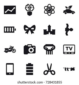 16 vector icon set : statistic, bulb brain, atom, eco car, battery, bow, castle, motorcycle, camera, antique column, tv, scissors, drying clothe