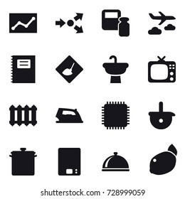 16 vector icon set : statistic, core splitting, scales weight, journey, copybook, under construction, tv, radiator, iron, pan, kitchen scales