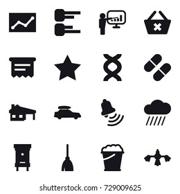 16 vector icon set : statistic, diagram, presentation, delete cart, atm receipt, star, house with garage, car baggage, bell, rain cloud, hive, broom, foam bucket, hard reach place cleaning