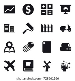 16 vector icon set : statistic, dollar coin, calculator, presentation, district, repair, fence, map, jellyfish, cutting board, windmill, wiping