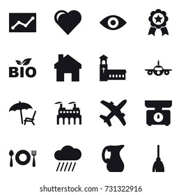 16 vector icon set : statistic, heart, eye, medal, bio, home, church, lounger, kitchen scales, rain cloud, jug, broom
