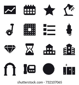 16 vector icon set : statistic, calendar, star, table lamp, segway, cpu, list, spark plug, diamond, cottage, building, arch, intercome, clean  window